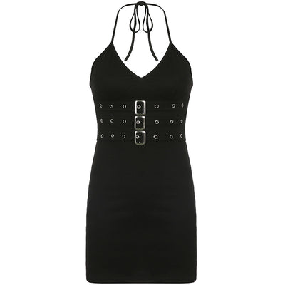 2022 Gothic metal buckle black hanging neck halter dress sexy backless thin lacing hip skirt