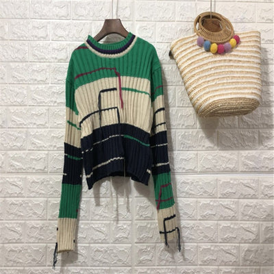 Splicing stitching striped tassels pullover sweater Korean casual knitted top