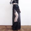 Gothic sexy translucent mesh split long skirt drawstrings eyelets