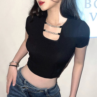 Kawaii big pink bow knot double chains neckline slim fit crop top street fashion party T-shirt