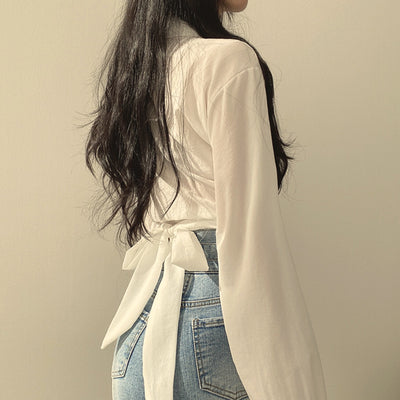 Korean chic niche design bow butterfly at back dew umbilical short shirt women top