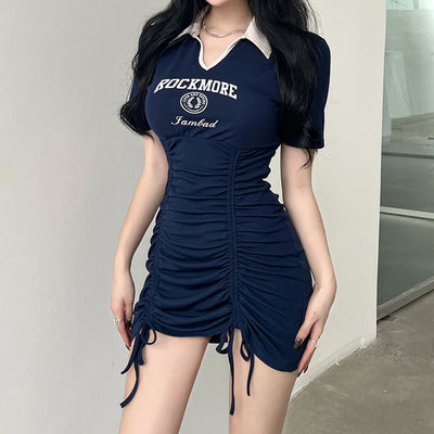 Sexy mini dress splicing lapel collar letter print drawstring lace up pleated slim fit knitted skirt