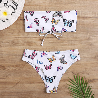 Chest band bikini sexy butterfly print split swimwear chic holiday backless swimsuit