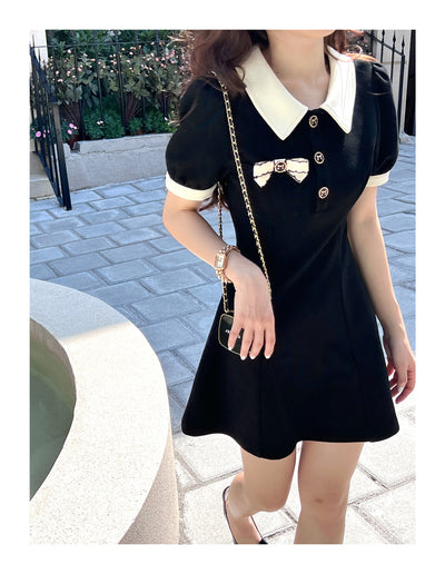 2022 Petite kawaii slim fit A line skirt mini-dress polo collar niche design bows applique girlie