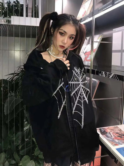 Spider web long-sleeved hooded jacket loose fit casual streetwear women cardigan hoodie