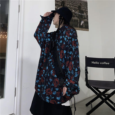 Retro vintage harajuku style blouse for handsome bandit rose gothic prints polo collar loose casual long shirt plus size