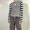 Star stripes splicing mismatch design basic casual long sleeves slim fit T-shirt women top
