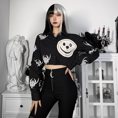 Dark gothic smiley face print with spiders crop top frayed edge button placket long sleeve cardigan sexy jacket