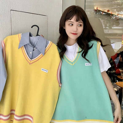 2021 Wollweste mit V-Ausschnitt, koreanische, locker sitzende Bloggerpullover-Pastellfarben für Mädchenhemd und Bluse