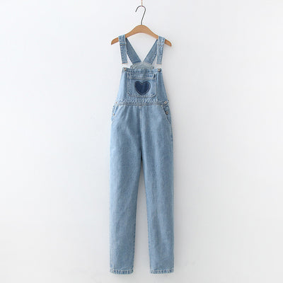 Cute japanese denim jumpsuit strappy jeans loose straight pants wide leg design overall with heart applique
