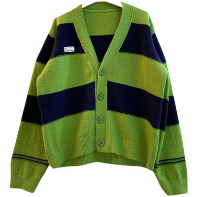 Breite Streifen Colour Blocks V-Ausschnitt Pullover Jacke Loose Fit Damen Strickjacke