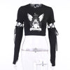 Lace up splicing long sleeve printed crop top tee sweatshirt split sleeves spaghetti drawstring gothic style