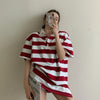Retro vintage lapel collar contrast striped polo shirt 2022 summer new bf style demi sleeve loose oversize
