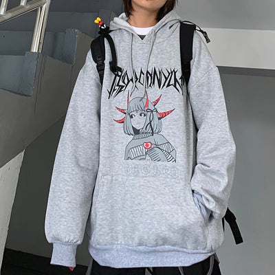Harajuku Diablo cartoon anime prints thick lining hooded sweater for boys and girls