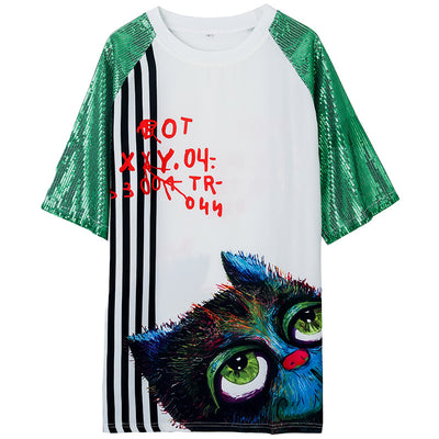 Hip Hop Oversize Streetwear TEE Langes Pailletten-T-Shirt Stripes Cat Graffiti