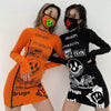 Letters cartoon hip hop prints half turtle neck split hem hip tight dress chic rib minidress for women