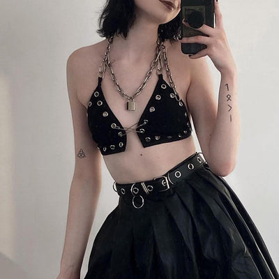 Gothic sexy hot girl checkered grid navel corns pin corset rivet eyelet slings bra top