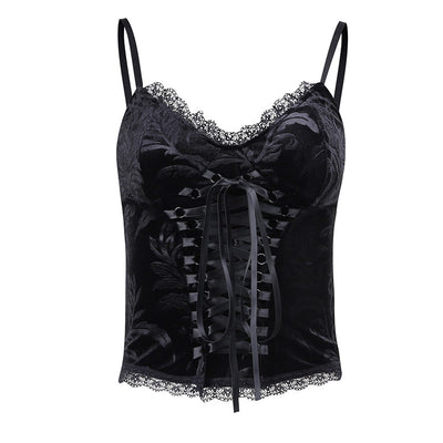 Dark sexy scallop lace trim retro top eyelet lace up embossed black bandage camisole vest