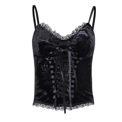 Dark sexy lace trim retro top eyelet lace up embossed black camisole vest corset