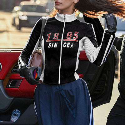 Motorist cool jacket stitching digital prints slim fit zipper placket stand up collar streetwear for women