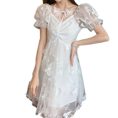 Butterfly embellishment frilly fairy skirt prom dress bridesmaid mesh gauze bubble sleeve