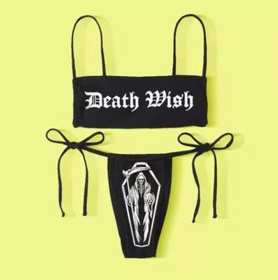 Gothic wordings HELLRAISER Death Wish retro horror drawings hot bikini suit sexy lady swimwear swimsuit