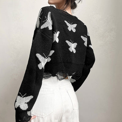 Loose crop ripped bottom round neck long sleeves knit top butterfly prints