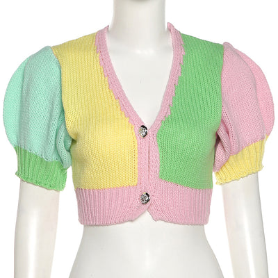 Splicing rainbow V neck cardigan princess sleeves dew umbilical knitted vest sweatshirt women TEE