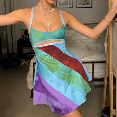 2022 new women fashion rainbow stripes hollow cut A-line minidress high waist slim fit