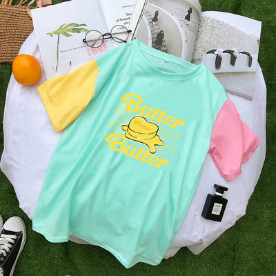 Kpop BTS album Butter fandom apparel pastel splicing t-shirt women tee loose fit