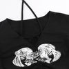 Twin horror heads print lace up T-shirt spaghetti halter neck irregular hem dew umbilical women top