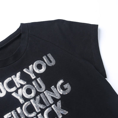 Round neck sequin words "fuck you" short-sleeved T-shirt black casual vest tube top