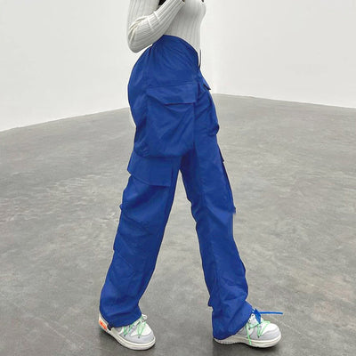 Hip hop style straight tube large pockets overalls blue V shaped waistline tight casual pants