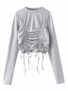 Drawstring lace up long sleeve pullover women T-shirt show clavicle thin apparel