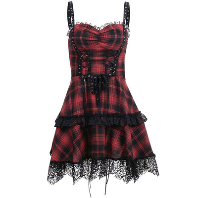 Trendy Gothic plaid sling straps off shoulder lace up pleated layered dress