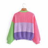 2022 new contrast block color splicing design loose knitted sweater women crocheted cardigan