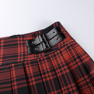 Contrast plaid leather petite belt pleated Japanese JK uniform high waist slim ultra short splicing skirt