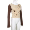 Stitching contrast long sleeves retro T-shirt star prints women pullover basic wear blouse