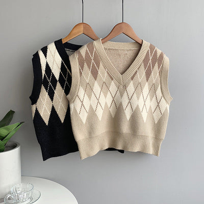 2021 argyle V-neck knitwear women loose fit crop top vest checkered sweater