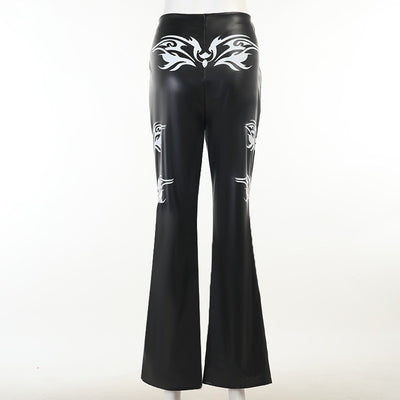 Gothic dragon printed dragons faux leather hiphop pants high waist leggings abdomen cover trousers punk style