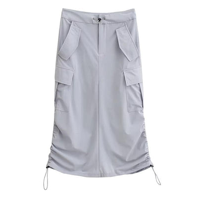 American style retro double drawstring multi pockets skirt Bella high waist style pleated midi-length