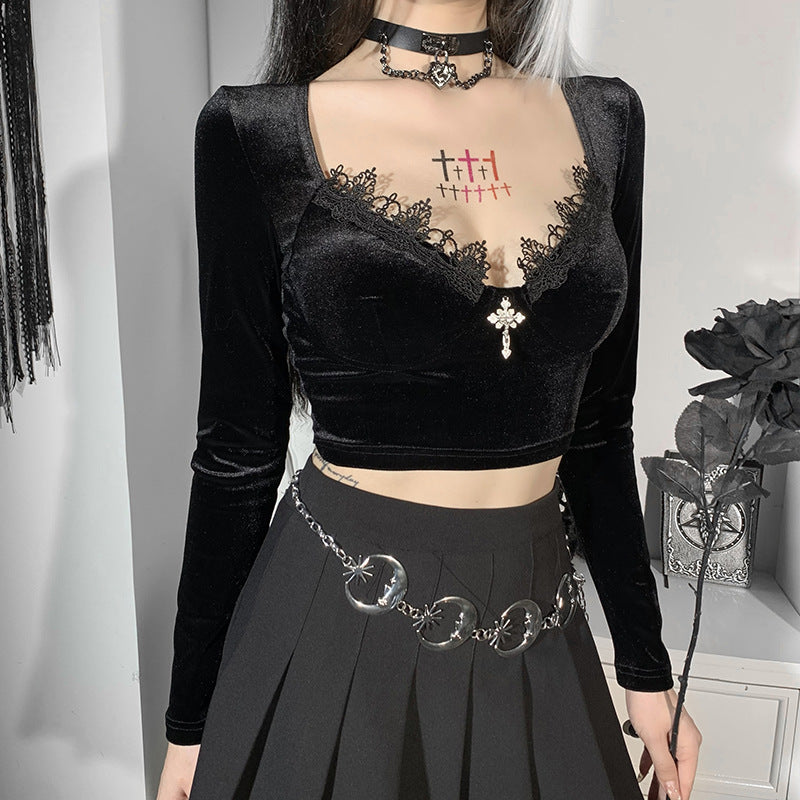 Lace basic for gothic dressing long sleeve velvet stitching shirt crop top pullover