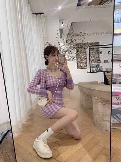 2022 Kawaii 3 pc set long sleeved sweater crop jacket cardigan Hip Wrap Skirt plaid camisole knitted suit