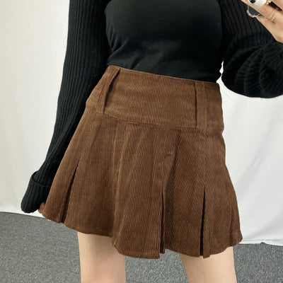 Retro vintage corduroy A-line pleated skirt female high waist slim fit skirt chic streetwear