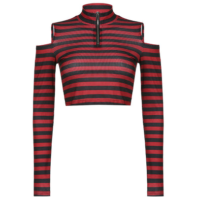 Shoulder cut striped zipper turtle neck dew umbilical long-sleeved knitwear street hipster T shirt