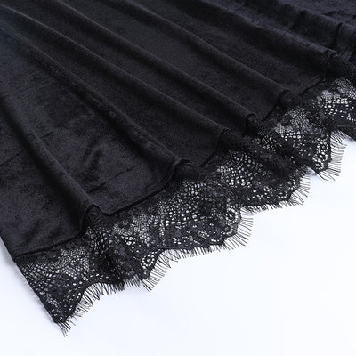 Dark gothic lace trim long sleeve Korea velvet stitching round neck skater mini dress