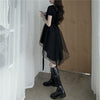 2022 Gothic French collared tuxedo tail black irregular gauze baby doll dress for women