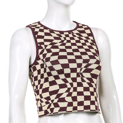 Plaid contrast color asymmetric geometry grid slim round neck vest knitwear sleeveless crop top sweatshirt