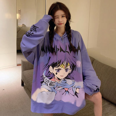 Harajuku oversize lazy style hooded sweatshirt anime hoodie for girls