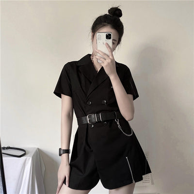 Korean gothic style double breasted long shirt safety pin with belt mini dress